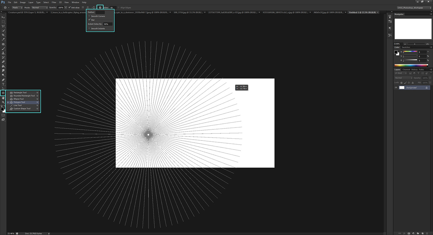 Create a perspective grid by using the Star setting on the Polygon tool to make a vanishing point