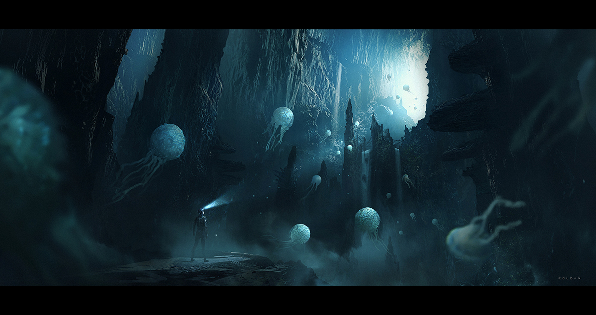 This concept was made after a short travel to some caves near to Juan’s city. After the initial composition, he decided to integrate a couple of imaginary jellyfish to give a sci-fi context to the image