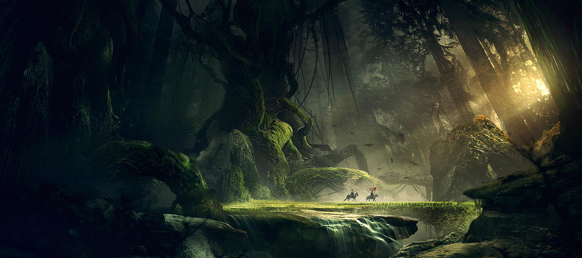 In this artwork, Juan wanted to show two knights crossing a deep forest with a giant magic tree